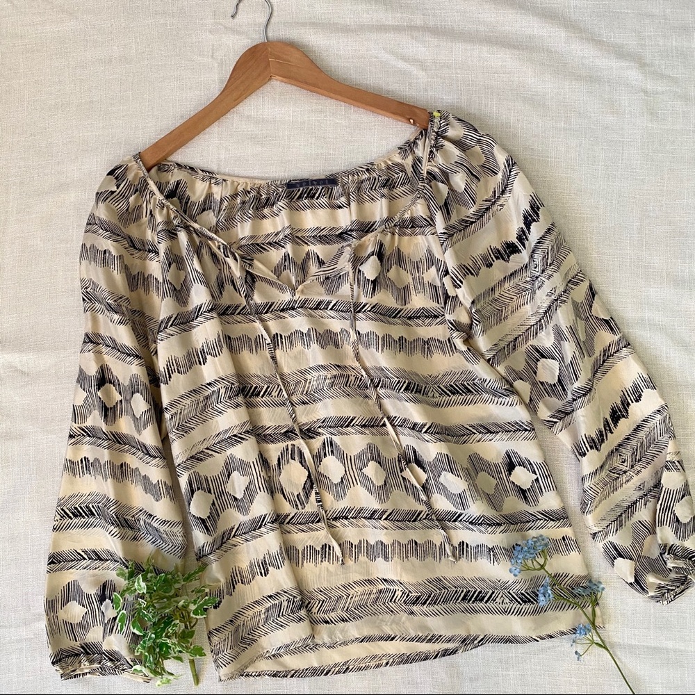 Velvet Tie Neck Printed Silk Blouse Tunic Size S